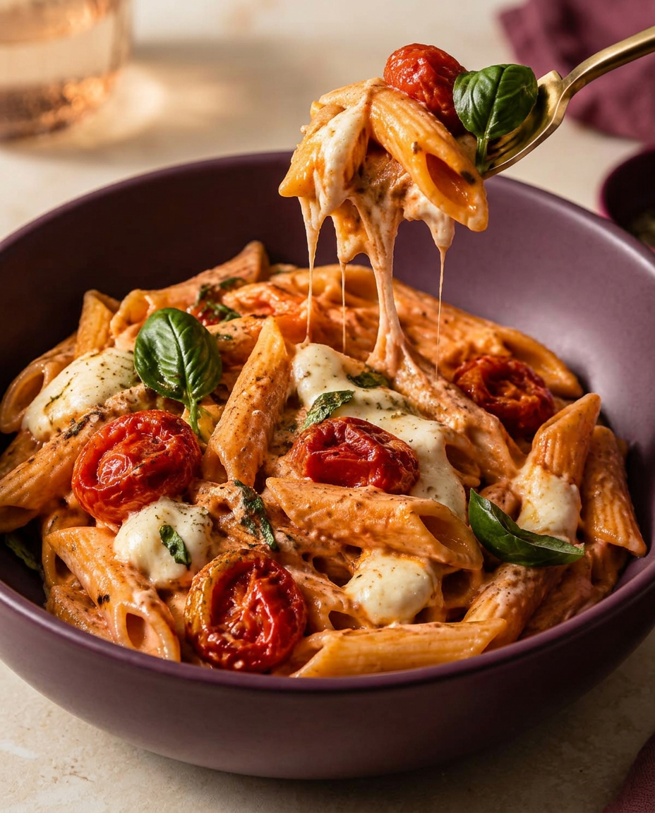Creamy caprese chicken pasta met kerstomaatjes en basilicum