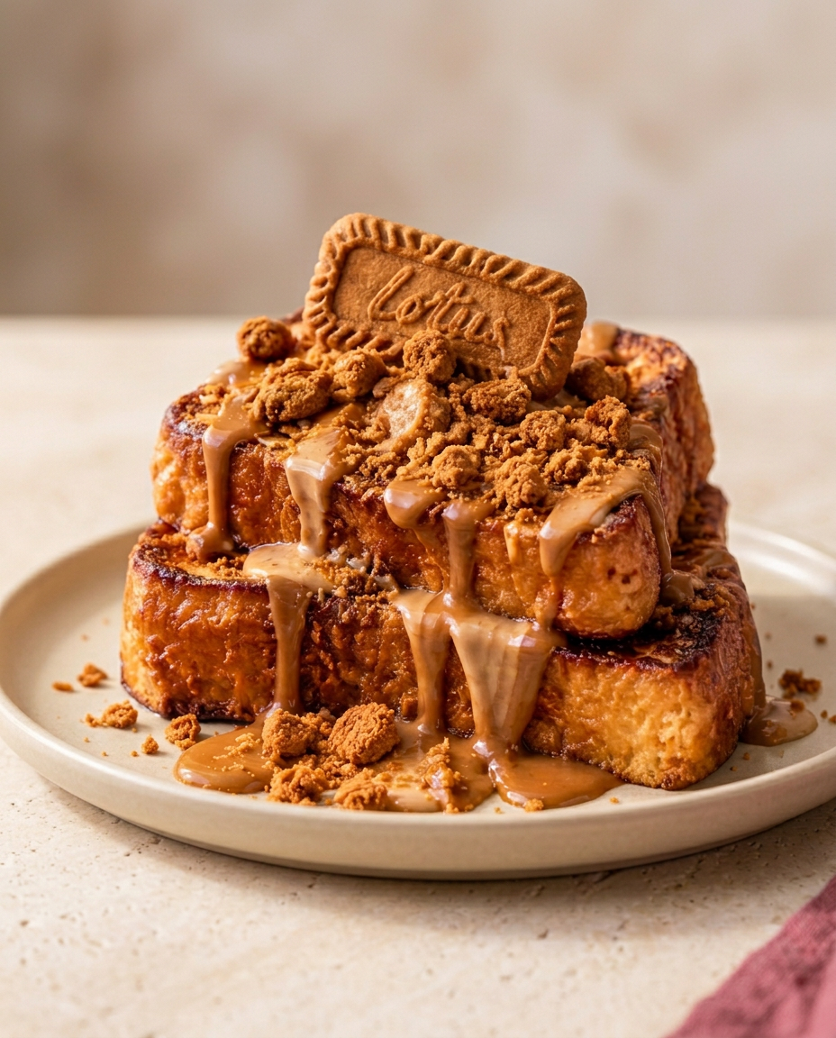Lotus & Caramilk protein French toast met Biscoff spread en verkruimelde koekjes