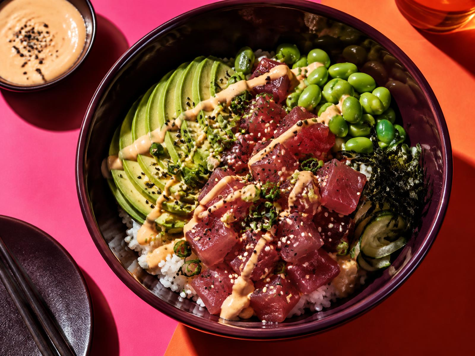 Tonijn sushi bowl met avocado, edamame en sesam